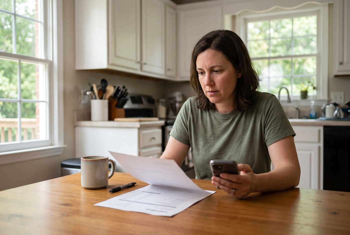 A homeowner at her kitchen table reads a contractor's quote, phone in hand