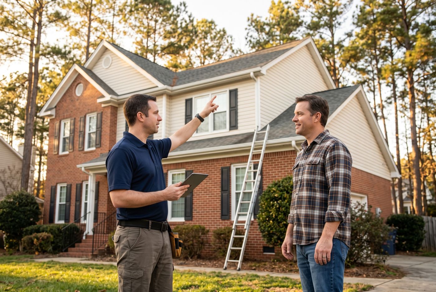 A project manager with a tablet points out the roofline to a homeowner in front of a brick two-story house